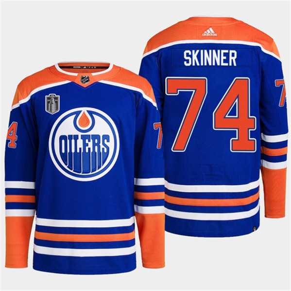 Mens Edmonton Oilers #74 Stuart Skinner Royal 2024 Stanley Cup Final Patch Stitched Jersey Dzhi